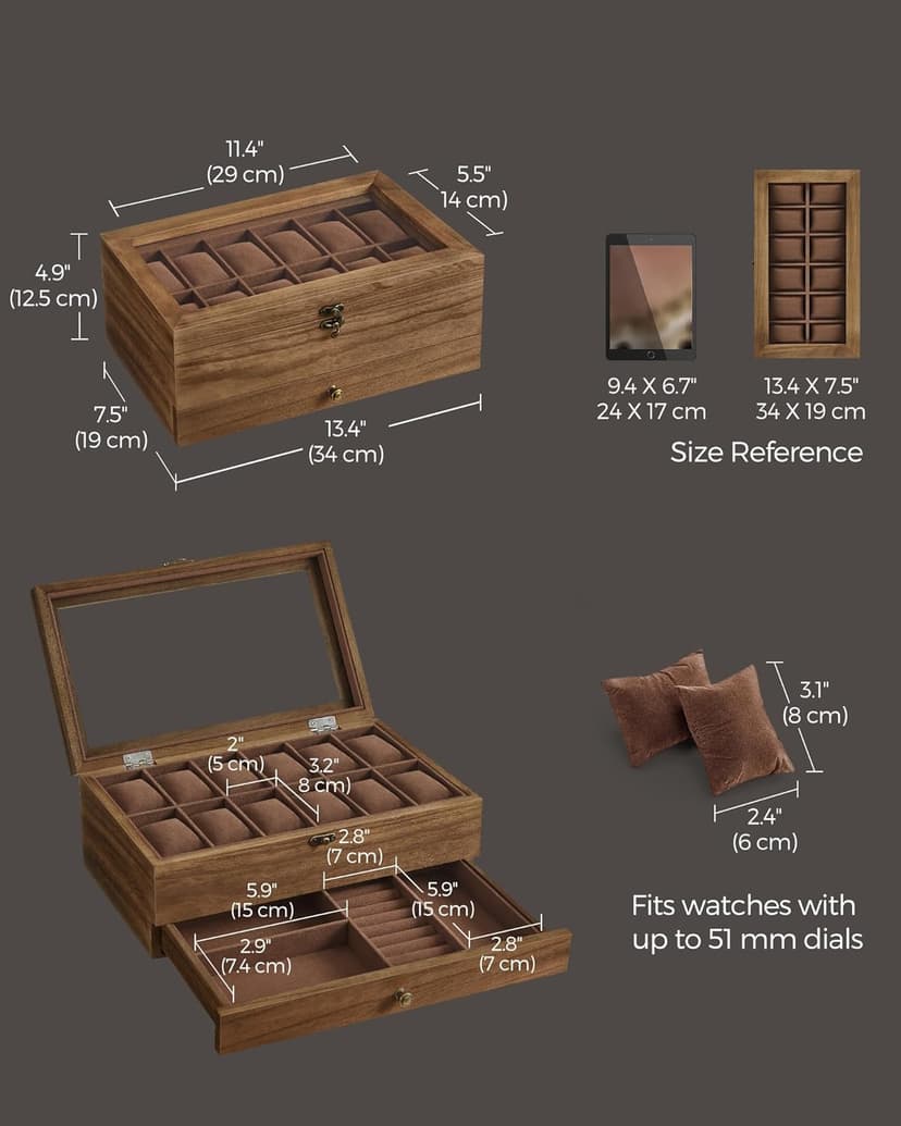 SONGMICS SONGMICS 12-Slot Watch Box, 2-Tier Watch Display Case with Large Glass Lid, Removable Watch Pillows, Velvet Lining, Jewelry Box, Gift Idea, Rustic Walnut UJOW012K01