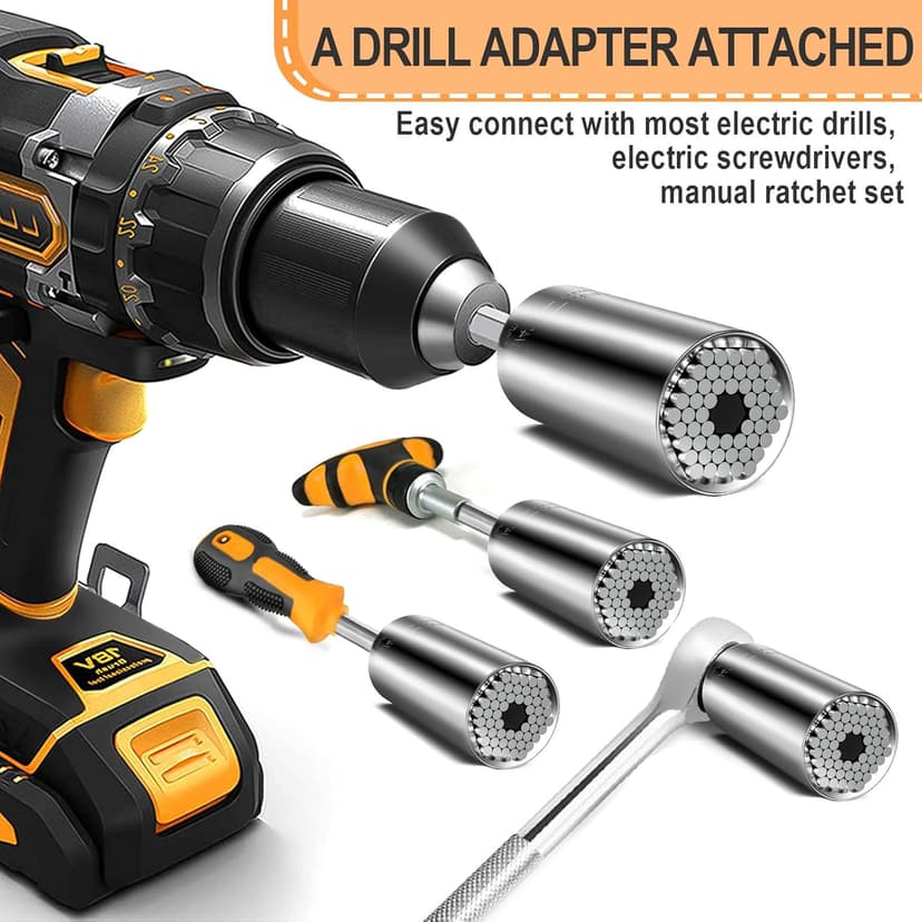 Super Universal Socket Tools Gifts for Men - Christmas Stocking Stuffers for Men Grip Socket Set with Power Drill Adapter Cool Stuff Ideas Gadgets for Him Birthday Gifts for Dad Women Husband (7-19mm)