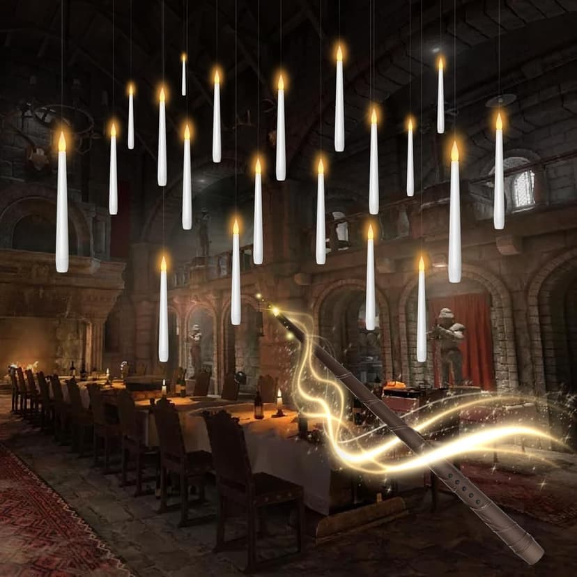 kakoya Flameless Floating Candles with Wand，20 Pcs Magic LED Hanging Taper Candles，Flickering Battery Operated Taper Candle with Wand Remote for Halloween Decorations Best Gift（White） B0C452J5HT