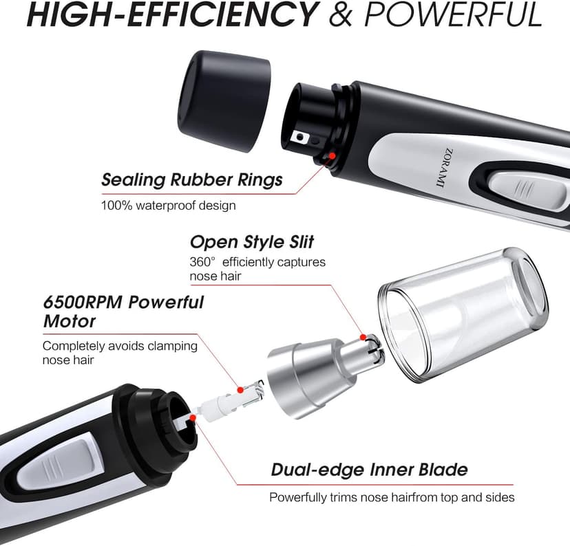 ZORAMI Ear and Nose Hair Trimmer Clipper - 2025 Professional Painless Eyebrow & Facial Hair Trimmer for Men Women, Battery-Operated Trimmer with IPX7 Waterproof, Dual Edge Blades for Easy Cleansing Black
