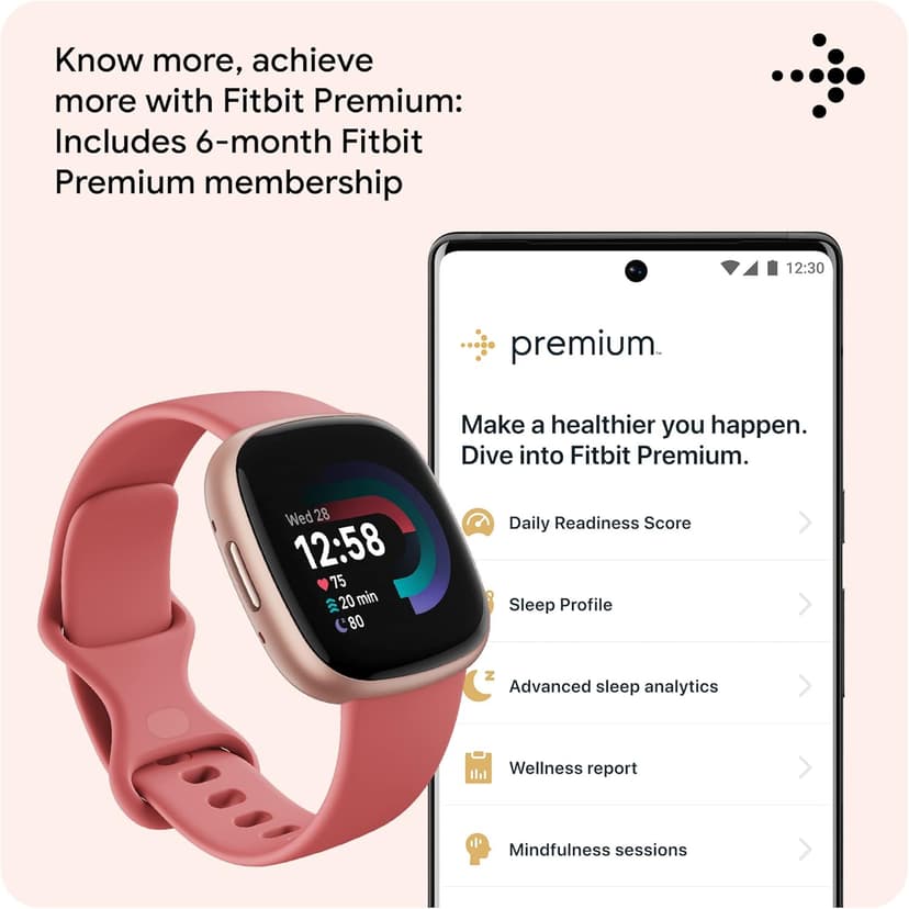 Fitbit Versa 4 Fitness Smartwatch with Daily Readiness, GPS, 24/7 Heart Rate, 40+ Exercise Modes, Sleep Tracking and more, Pink Sand/Copper Rose, One Size (S & L Bands Included)
