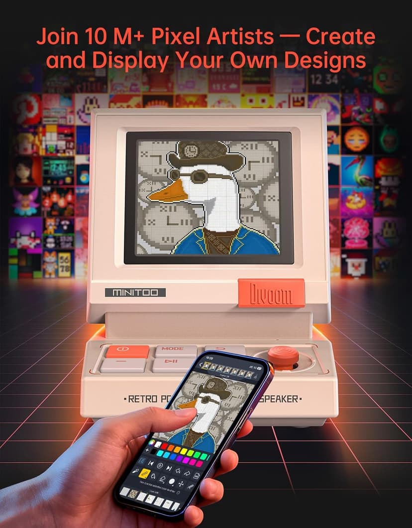 Bluetooth & USB Audio, Alarm/White Noise Clock, Desk Setup Gifts for Gaming Divoom MiniToo Retro PC-Style Computer Speaker, Pixel Screen with DIY Faces B0FRF3XGQ4