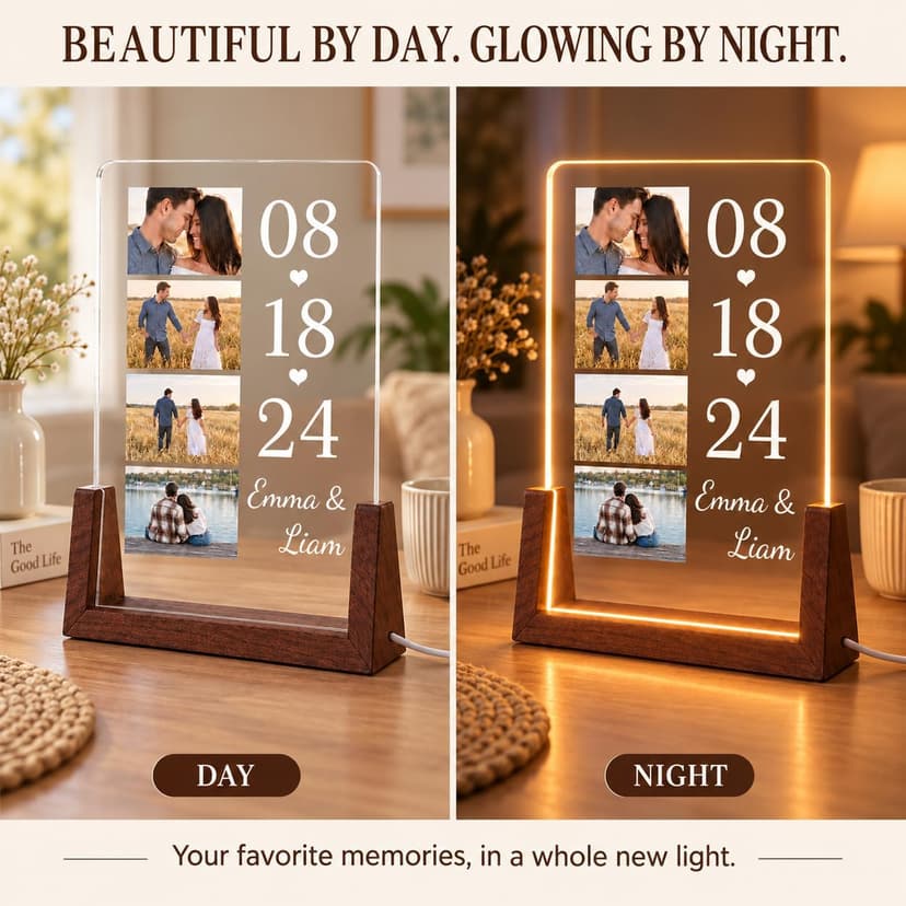 Personalized Couple Gifts, Custom Acrylic Photo Plaque with 4 Photos, Names & Date, Anniversary Keepsake with Wooden Base, Birthday Gifts for Wife, Husband, Girlfriend or Boyfriend B0HJZ6XZV6