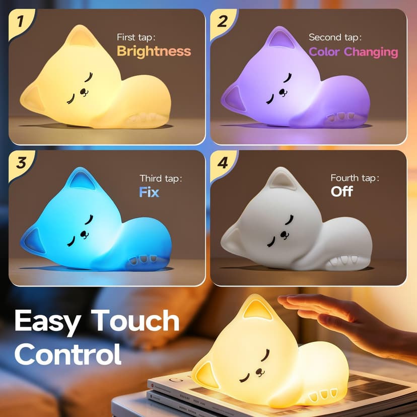 5-Level Dimmable Tap Night Light with Rechargeable Battery. Cute Stuff,Cat Room Decor & Gifts for Women,Adults, Teens & Kids. Mubarek Sleepy Cute Cat Gifts - 16-Color Silicone Night Light with Remote B0D8QGT88D