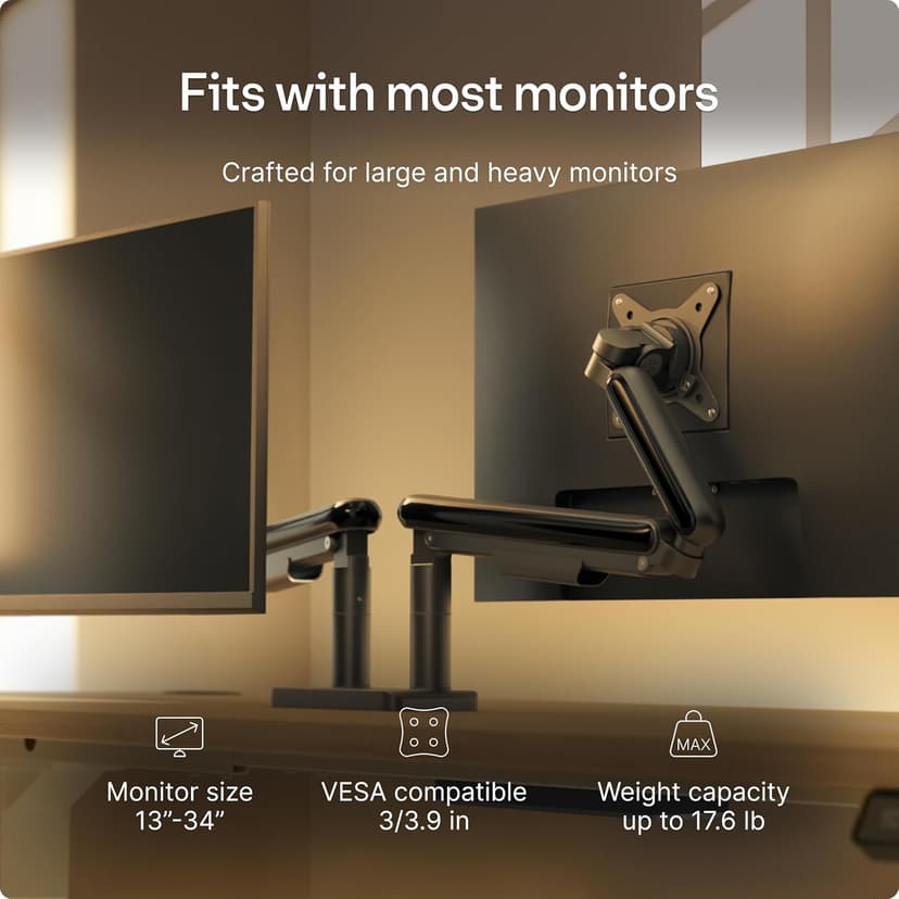 Desktronic Dual Monitor Arm — PowerSpring Technology for 2 Monitors, Up to 34" & 17.6 lbs Each, 360° Rotation, VESA 75/100 Compatible, Ergonomic Design for Home Office & Gaming Setup