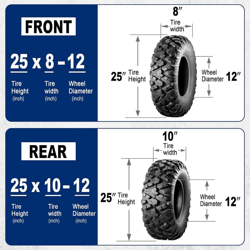 MaxAuto Set of 4 UTV ATV Tires 25x8-12 Front & 25X10-12 Rear Tire, 6PR Tubeless, Four Wheeler Tires All Terrain Tire 25x8x12 Sport Mud-tires 25x10x12 Off Road tire, 4 Pack in 2 Packages