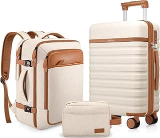 UKEIN Luggage Sets 3 Piece, Carry On Luggage 20In With Spinner Wheels,PC Hardside Suitcase Set with TSA Lock,Durable Carry On Suitcase With Travel Backpack for Men (Beige, 3 piece set (20inch))