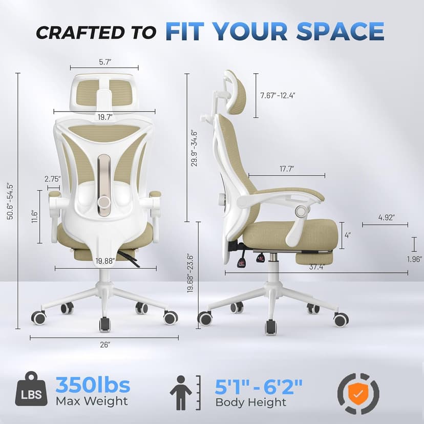Ergonomic Office Chair with Footrest - Adjustable Lumbar Support & Headrest, 90-160° Reclining Mesh Back Computer Chair - Home Office/Gaming, 350lbs Capacity