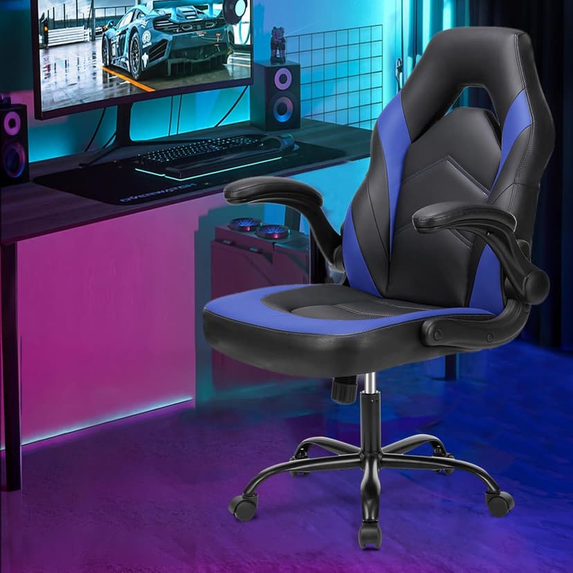 Sweetcrispy Computer Video Game Chair - Ergonomic Home Office with Comfy Lumbar Support, PU Leather Height Adjustable with Flip-up Armrest and 360° Swivel Wheels, Blue, for Adults, Teens