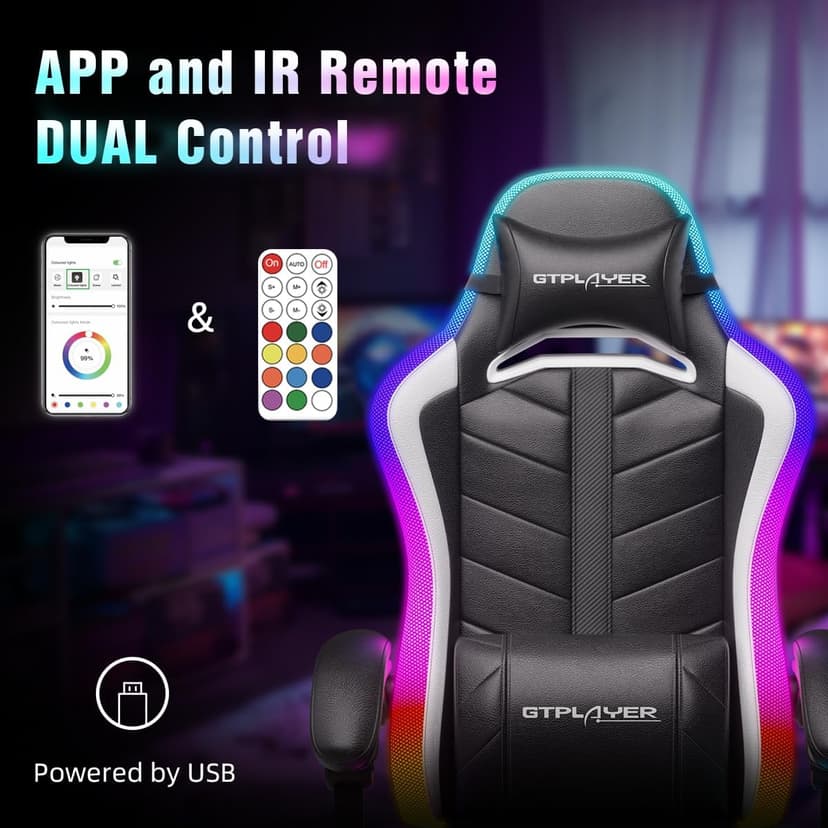 GTPLAYER Gaming Chair, Computer Chair with RGB LED Lights, High Back Ergonomic Chair for Adults with Footrest and Linkage Armrests& Headrest Lumbar Support (Without Bluetooth Speakers)