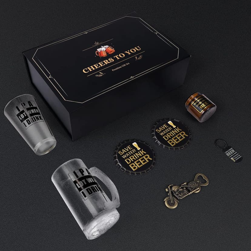 Beer Gifts for Men, Gift Basket for Beer Lovers, Gifts Box for Dad Husband Boyfriend Grandpa, Anniversary Wedding Birthday Gifts for Him incl. Beer Glass Bottle Opener Coaster Keychain