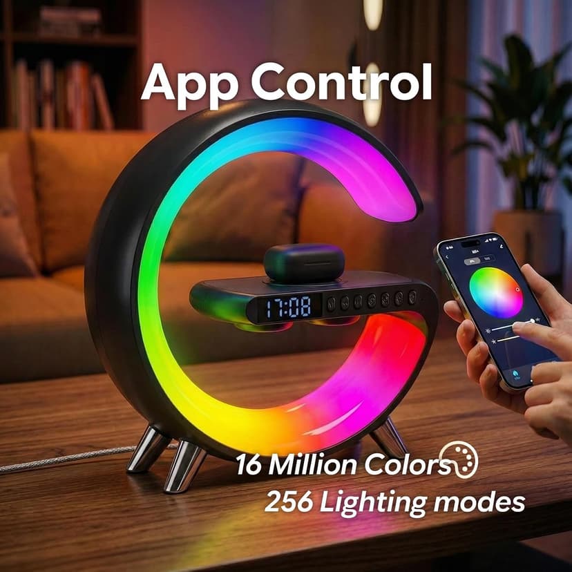 Smart LED Table Lamp for Bedroom with Wireless Charging Bluetooth Speaker, App Controlled Night Light for Kids, Christmas Birthday Gifts for Teens Adults Desk Office Bedroom Decor (Black B0GTYVCXBM
