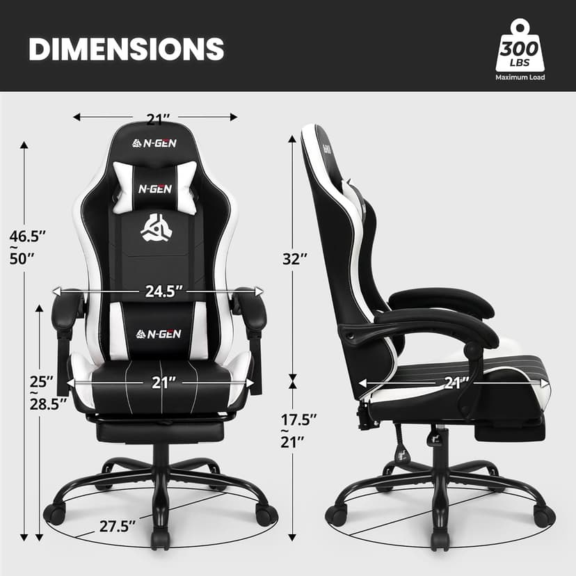 N-GEN GAMING Video Gaming Chair with Footrest Lumbar Support for Home Office High Back Recliner Height Adjustable Ergonomic Comfy Leather Computer Desk Chair (White)