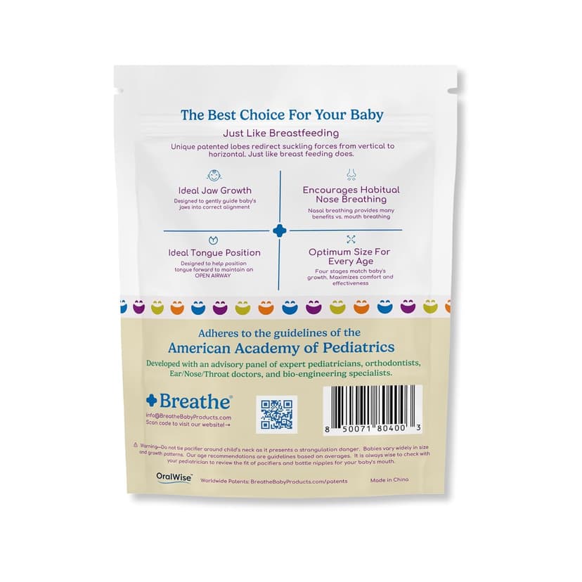Breathe Baby Pacifier – Patented Design for Natural Oral & Facial Development - BPA-Free, Latex-Free, Pediatrician Developed - Dishwasher Safe 2 Pack (Stage 1: 0-3 Months)