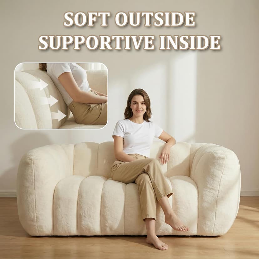 Oversized Bean Bag Sofa for Adults, Comfy Faux Fur Floor Lounger Loveseat Couch with Shredded Foam Filling, Large Bean Bag Sofa Plush Bean Bag Couch for Living Room, Bedroom, Apartment, Beige