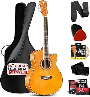 Pyle Steel String Acoustic Guitar Kit, 3/4 Junior Size Cutaway All-Wood Guitarra Acustica with Premium Accessory Set and Upgraded Gig Bag, 36" Orange