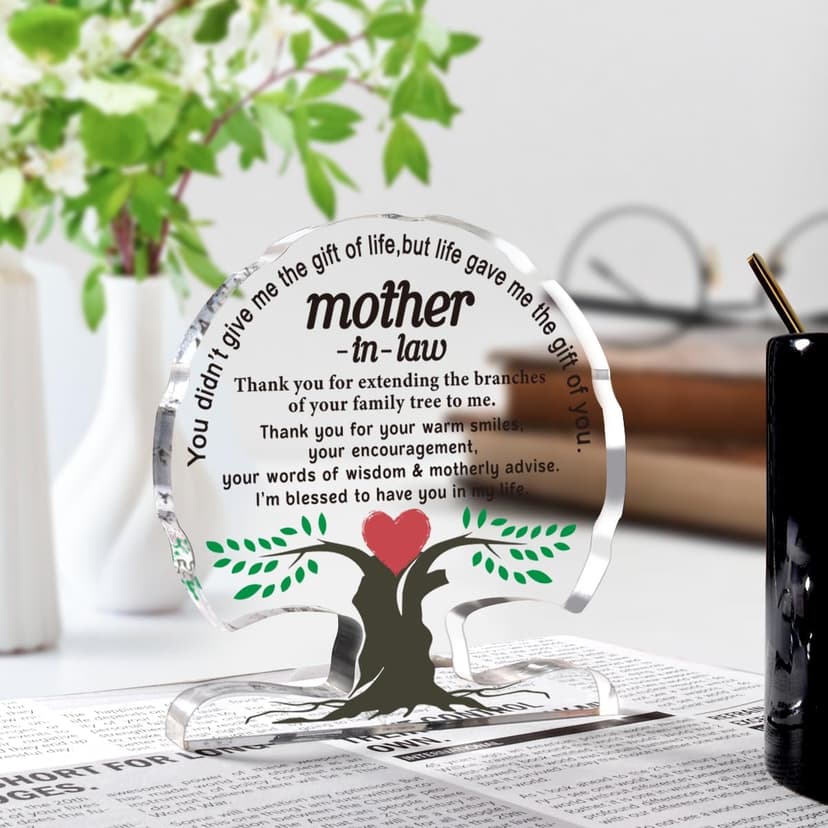 Gifts for Mother in Law from Daughter Son in Law, Thanks You Mom Best Mother in Law Ever Gift Desk Signs Home Decor Mother in Law Birthday Gifts Christmas Acrylic Tree Plaque B0CD7QK38F