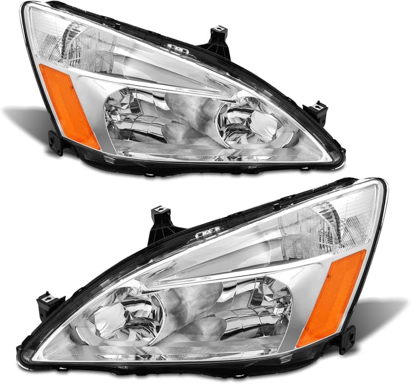 2003 2004 2005 2006 2007 Accord Headlight Assembly for 2003-2007 Honda Accord 2/4dr Clear Lens Chrome Housing with Amber Reflector Headlamp Replacement Left and Right Pair（W/O Bulbs）