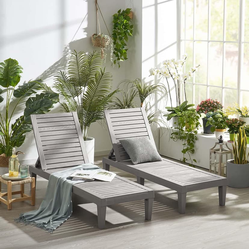 Nestl Patio Chairs - Grey Chaise Lounge Chair Outdoor, 5-Position Adjustable Sun Tanning Chair, Waterproof Pool Lounge Chairs Set of 2, Reclining Lawn Chair, Lightweight Outdoor Lounge Chairs