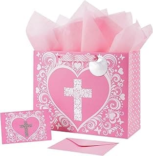 JWSCYSY 12.6" Large Pink Gift Bag with Metallic Silver Floral Cross Design, Card and Tissue Paper for Baby Girl Baptisms, Christenings, First Communions Religious
