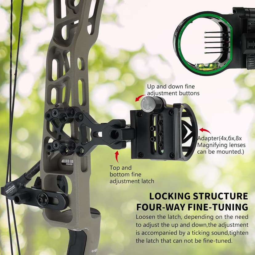 Archery 5-Pin Bow Sight - 0.019" Fiber, Brass Pin, Aluminum Machined - Right and Left Handed, with Hi-Vis Level for Archery, Hunting, Shooting