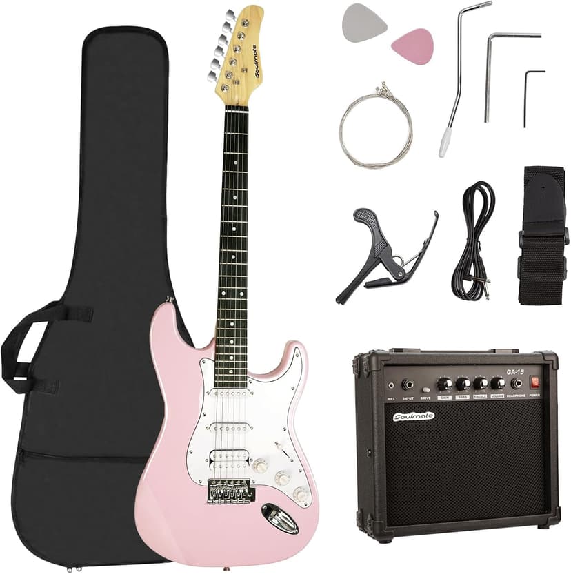 Soulmate 39 Inch Full Size Electric Guitar Starter Kit for Beginners Solid Body, HSS Pickups with 15W Amp, Gig Bag, Capo, Strap, Strings, Cable, Picks (Right-Handed,Pink)