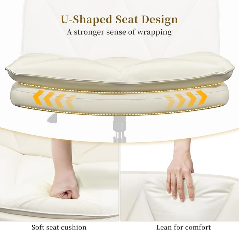 DurayLoly Criss Cross Chair with Wheels, Cross Legged Office Chair, Armless Wide Vanity Desk Chair with 2 Layer Scratch-Resistant Pu Leather Swivel for Home Office Bedroom,Beige