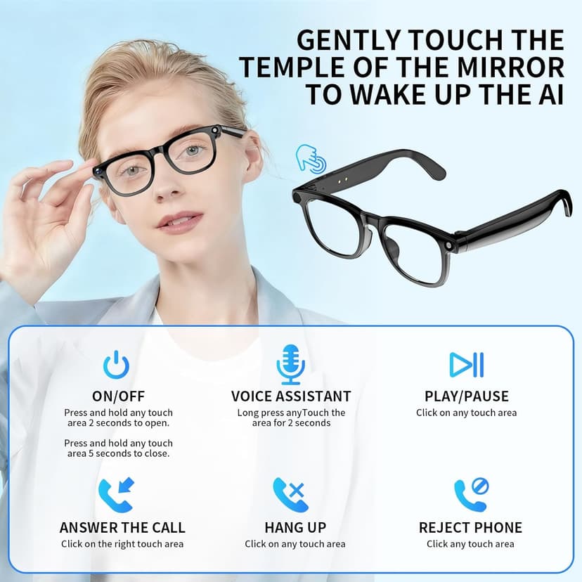 AI Translation Smart Glasses with 800W Camera, ENC Noise Cancelling Bluetooth 5.0, Real-Time Multilingual Translation (25 Languages), ChatGPT Compatible for Travel & Business (Black)