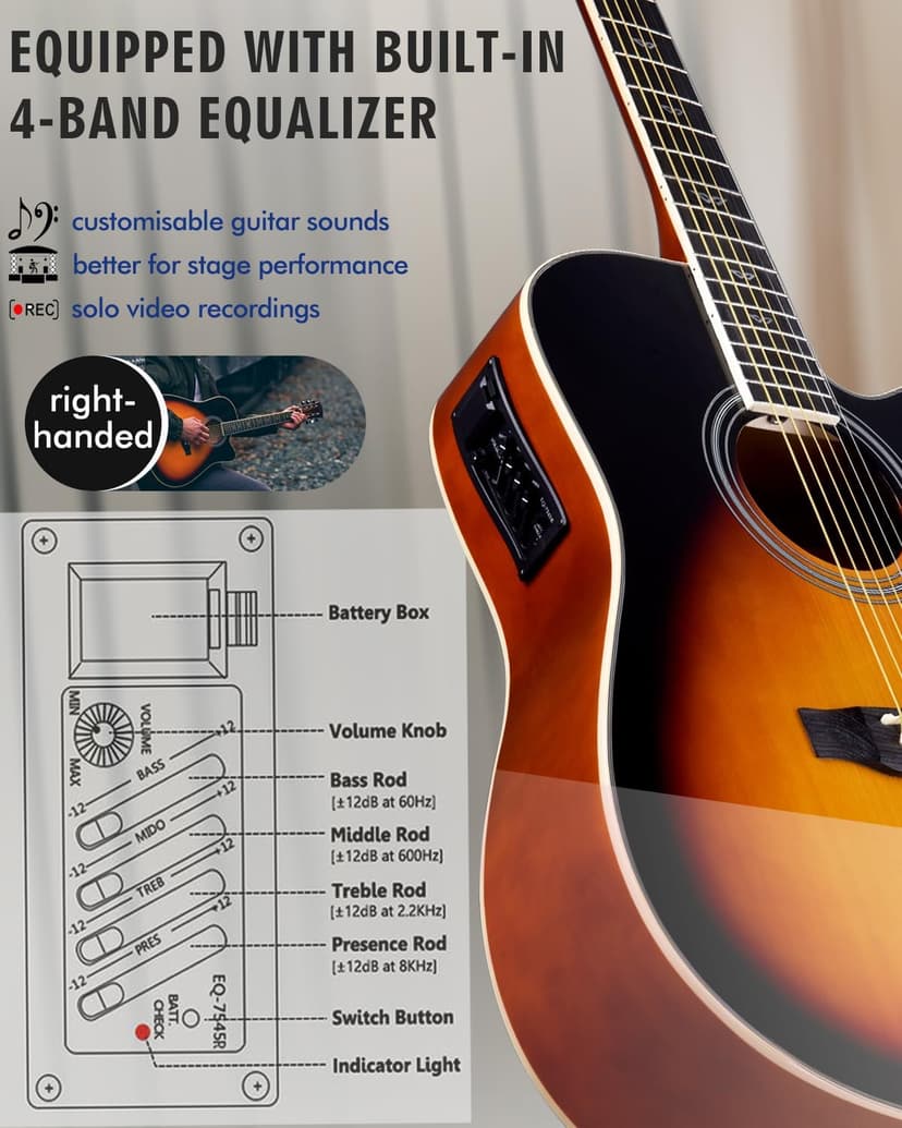 Winzz Acoustic-Electric Guitar 4/4 Full Size for Adults Beginners and Teens,6 Steel-String Acustica Guitarra Starter Kit, 4-Band Equaliser, 41" Dreadnought Cutaway, Glossy Sunburst, Right Hand