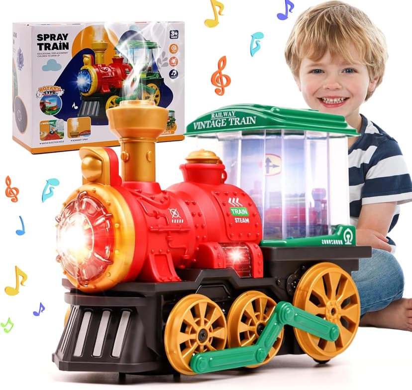 Electric Steam Train Toy for Toddlers 3-5,Bump and Go Truck w/Steam Locomotive,Smoke,Light & Sound, 360 Rotation Christmas Train Truck Toys Birthday Gift for Toddler 1 3 4 5 6 Year Old Boys Girls Kids