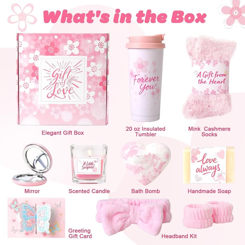 Birthday Gifts for Women - Cherry Blossom Spa Gift Box with Tumbler, Self Care Package for Mom Wife Sister Friend Grandma, Thank You Relaxation Basket for Mother’s Day Valentine’s Day Christmas (Pink)