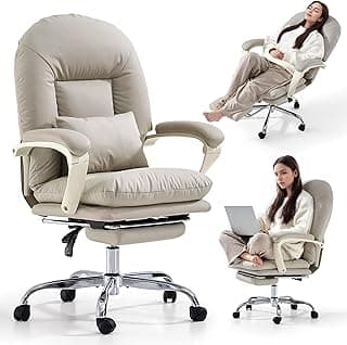 EMIAH Ergonomic Office Chair with Foot Rest Criss Cross Chair with Wheels Reclining Executive Office Chair Mid Back PU Leather Swivel Computer Chairs Lumbar Support for Home Office (Beige)