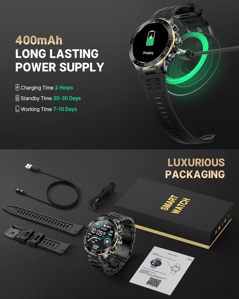 SOUYIE Smart Watch for Men Answer/Make Call for Android iPhone, 1.43" AMOLED HD Screen Mens Luxury Watch, 400mAh Heavy Duty Smartwatch Heart Rate Blood Oxygen Blood Pressure Sleep Monitor Pedometer, 2 Straps