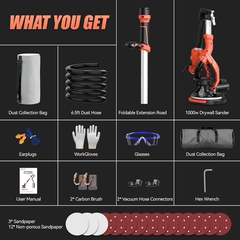 1000W Drywall Sander, Electric Drywall Sander, Popcorn Ceiling Removal Tool with Vacuum Dust Collection, 6 Variable Speed, Foldable Telescopic Handle