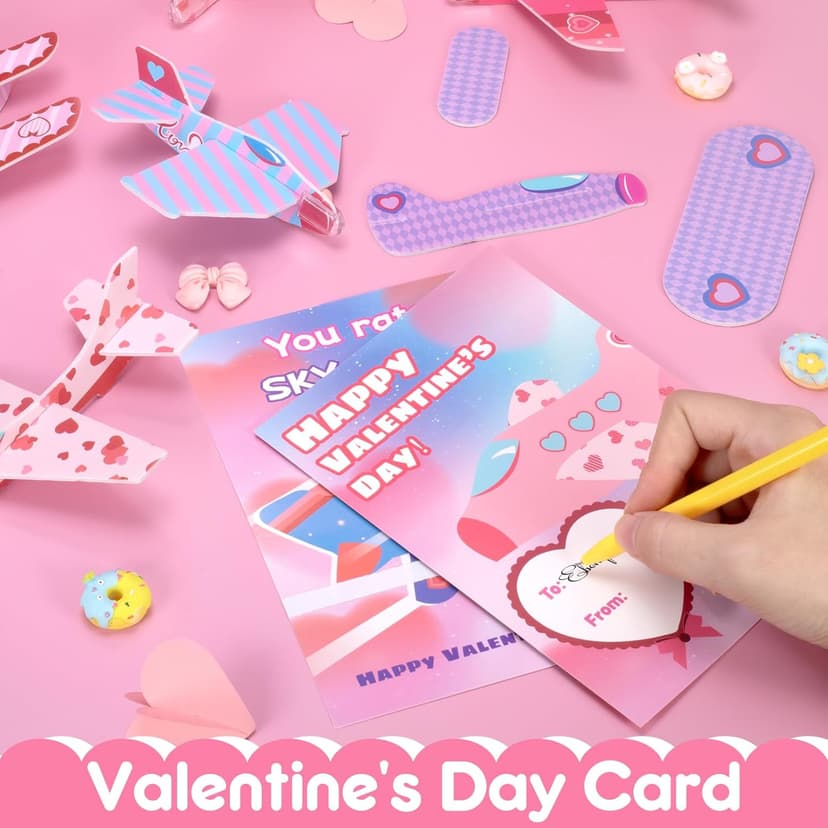 28 Pack Valentines Day Cards for Kids School with Foam Airplane, Valentines Day Gifts For Kids, Valentines Exchange Prize Gifts Cards Boys & Girl, Airplane Valentines Party Favors