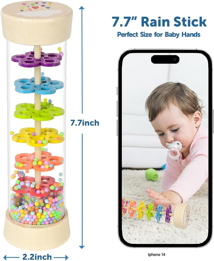 Rain Stick Montessori Baby Toys for 6-12 Months 1 Year Old, Wooden Rainmaker Infant Musical Sensory Toy, Baby Shower Gift for Newborn Toddler Boys Girls, 7.7" B0CJRKHYRJ