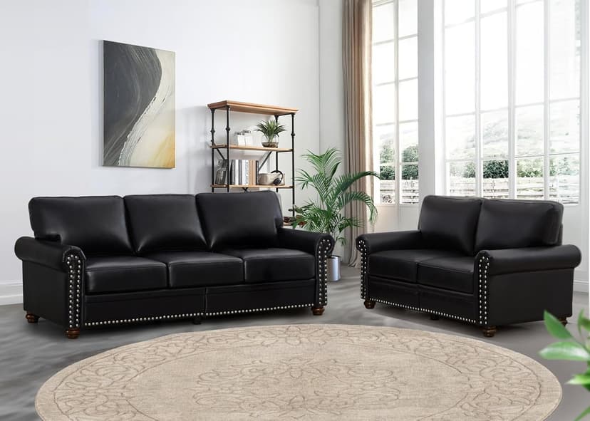 2 Piece Faux Leather Sofa Set,Modern Couch and Loveseat Sets with Storage,Mid Century Couch with Rivet Rolled Arm,Comfy Deep Seat Sofa,Furniture for Living Room,Office(Loveseat+3 Seater,Black)