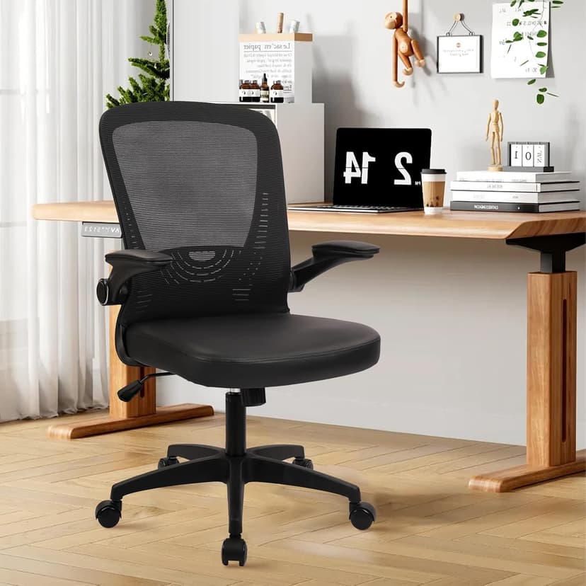 CLATINA Desk Chairs with PU Leather Seat, Flip Up Arms Ergonomic Mesh Back Office Chair with Lumbar Support, Adjustable Height Swivel Rolling Computer Chairs for Home Conference Meeting, Black, 8 Pack