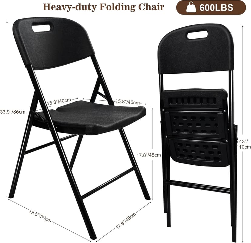 6 Pack Folding Chair, 600 lb Weight Capacity,Indoor/Outdoor Heavy Duty Foldable Chairs for Restaurants, Kitchens, Picnics, Races, Parties & Weddings. (6, Black)