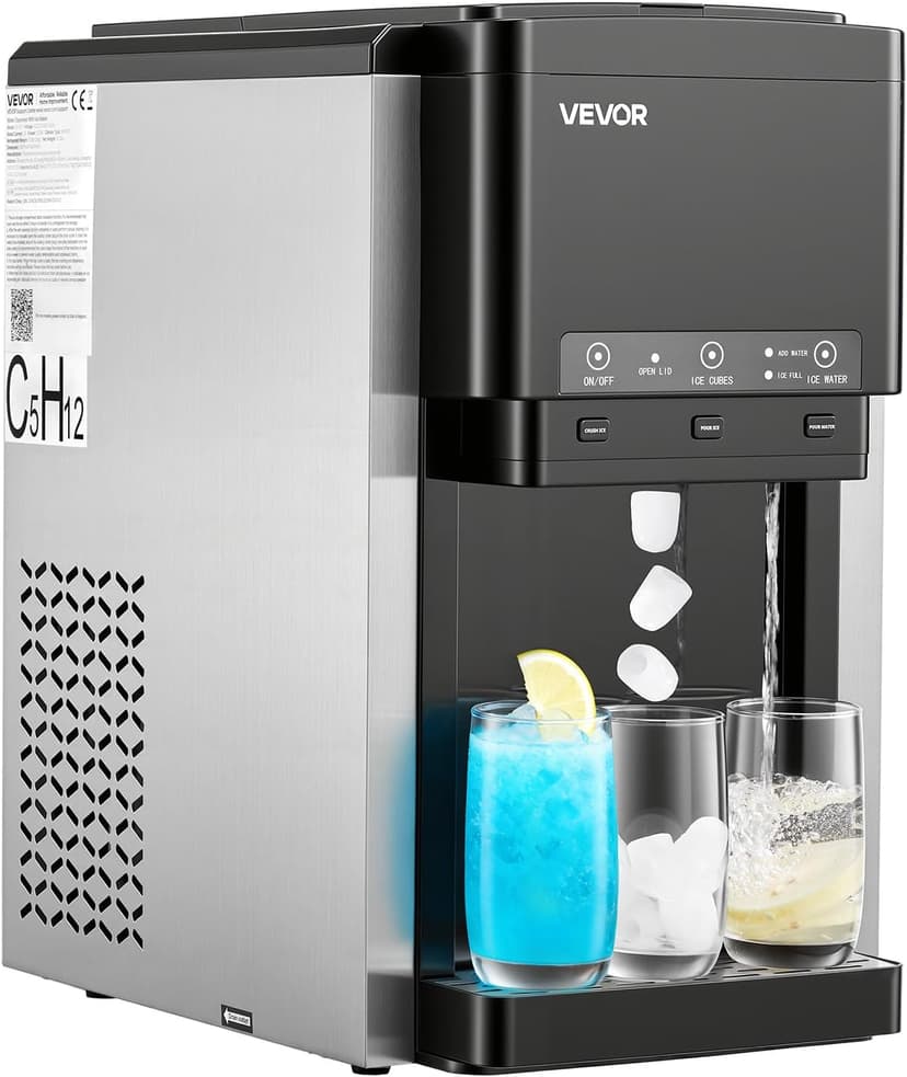 VEVOR Water Dispenser with Ice Maker, 3-in-1 Countertop Water Dispenser, 35 LBS/24H, 12 Cubes/7 Min Fast Ice Making with 4 LBS Storage, Bullet/Crushed ICES & Cold-Water, for Home, Kitchen, Party