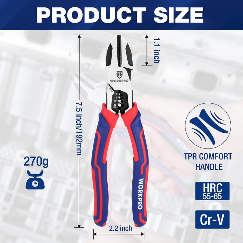 WORKPRO 2-in-1 Diagonal Cutting Pliers with Wire Stripper, 7.5 Inch CRV Steel Wire Cutters with Comfort Grip Handles, Heavy Duty Side-Cutting Pliers for Electricians and Homes, Christmas Gift B0BKKF5HVL