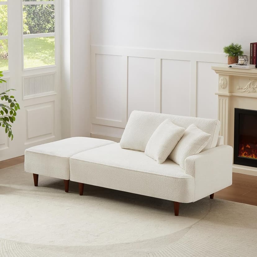 Upholstered Chaise Lounge Chair Indoor with Ottoman Boucle Chaise Lounge Fluffy Reading Chairs for Office Living Room Bedroom Relaxing (Boucle Biege)