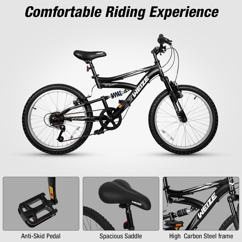 WEIZE Kids Mountain Bike, 20 24 inch Kids' Bicycles for 6-14 Years Old Boys Girls with Dual Full Suspension, 6 Speeds Drivetrain, High-Carbon Steel Frame, Ideal for Young Riders and Adventurers