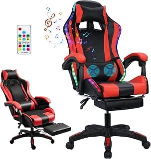 Gaming Chair with Bluetooth Speakers and Led Lights, Massage Gamer Chair with Footrest High Back and Lumbar Support, Ergonomic Height Adjustable Video Game Chairs Recliner for Adults (Black Red)
