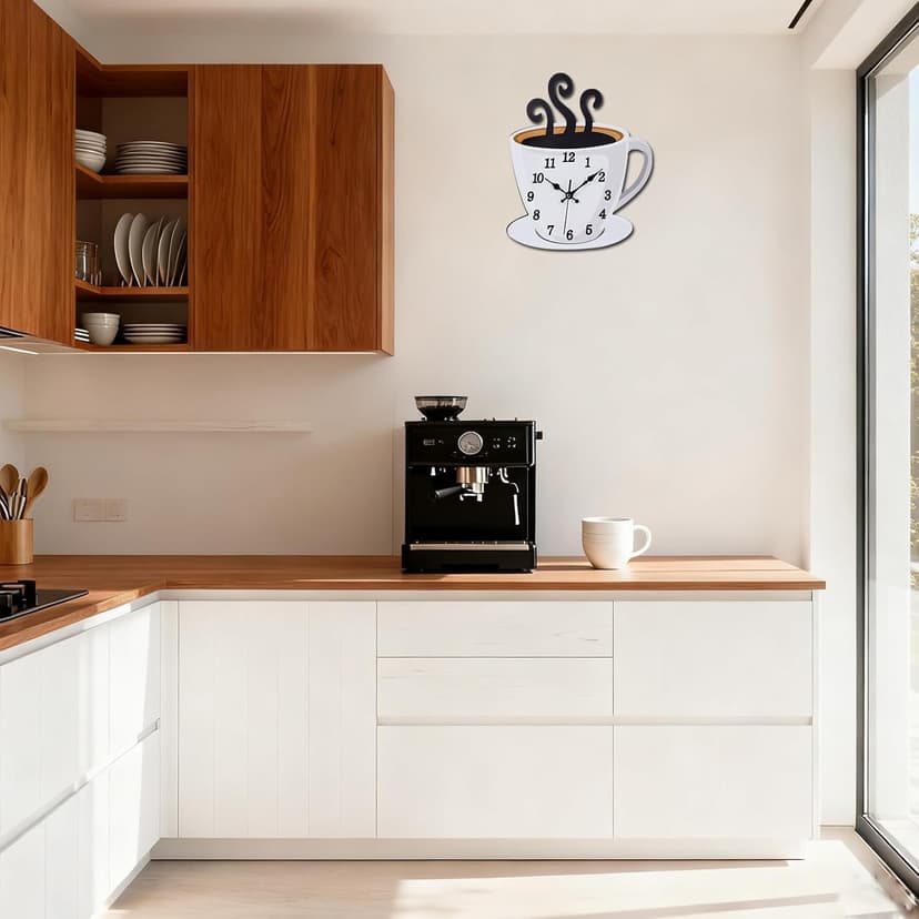 Fomaris Kitchen Clock Coffee Cup Wall Decor, Cafe Decorative Kitchen Wall Clocks Battery Operated for Home Office