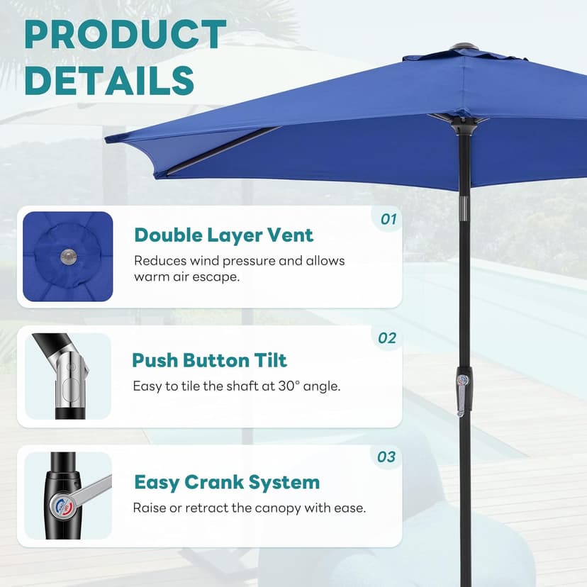 OLIXIS 7.5ft Patio Umbrella with Tilt and Crank Button & 8 Sturdy Ribs Waterproof, Patio Table Umbrella Perfect for Poolside, Terrace, Beach and Outdoor Restaurant, Blue