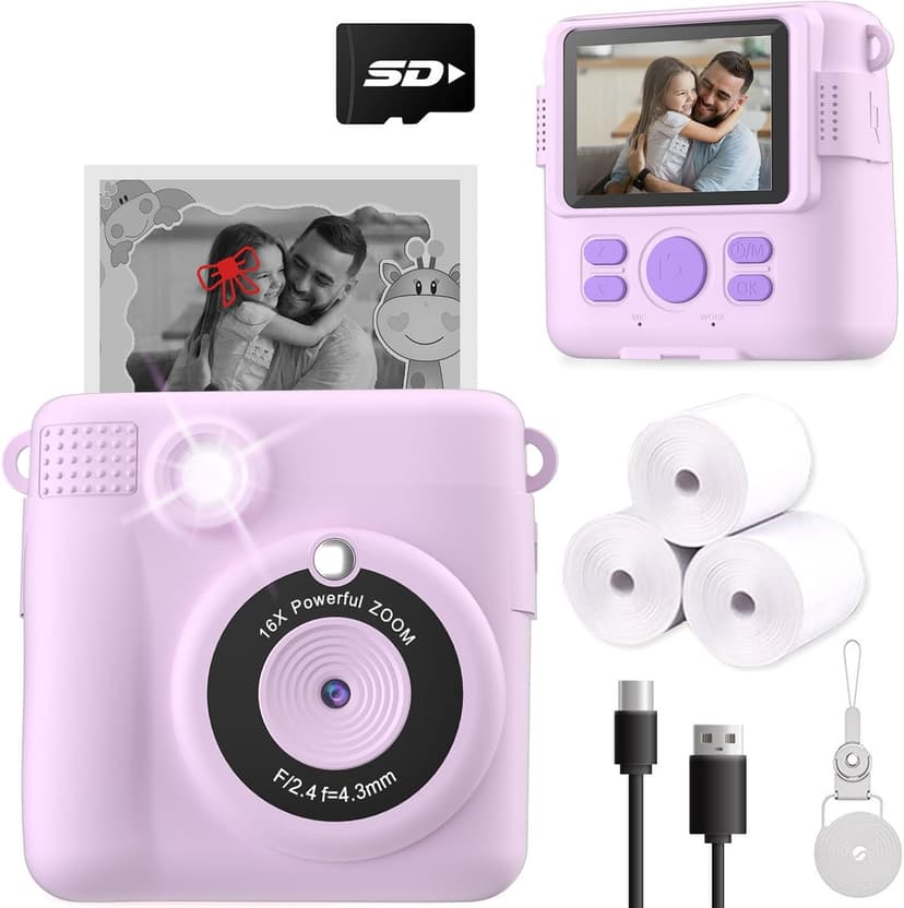 Instant Print Camera for Kids, Christmas Birthday Gifts for Girls Boys, HD Digital Video Cameras for Toddler, Portable Toy for 4 5 6 7 8 9 10 Year Old Girl with 32GB SD Card-Purple