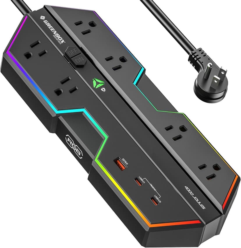 4000J Surge Protector Power Strip with USB Ports, 6 Outlet Power Strip with RGB Lights and PD 20W Fast Charging, Wide-Spaced Outlet Perfect for e-Sports, Game PC, Home and Offices