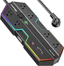 4000J Surge Protector Power Strip with USB Ports, 6 Outlet Power Strip with RGB Lights and PD 20W Fast Charging, Wide-Spaced Outlet Perfect for e-Sports, Game PC, Home and Offices