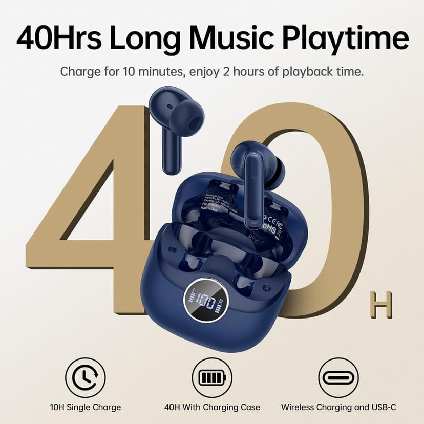 xinwld Adaptive Hybrid Active Noise Canceling 2026 Wireless Earbuds, 6 Mics ENC Clear Call Ear Buds, Hi-Res Audio Deep Bass Bluetooth 5.4 Headphones, 40H Playtime, Wireless Charging, LED, USB-C, Blue
